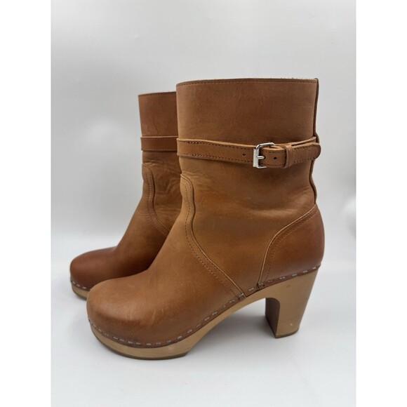 SWEDISH HASBEENS Natural Brown Clog Jodhpur Block Heel Leather Boots 37 US 7 - Picture 1 of 16